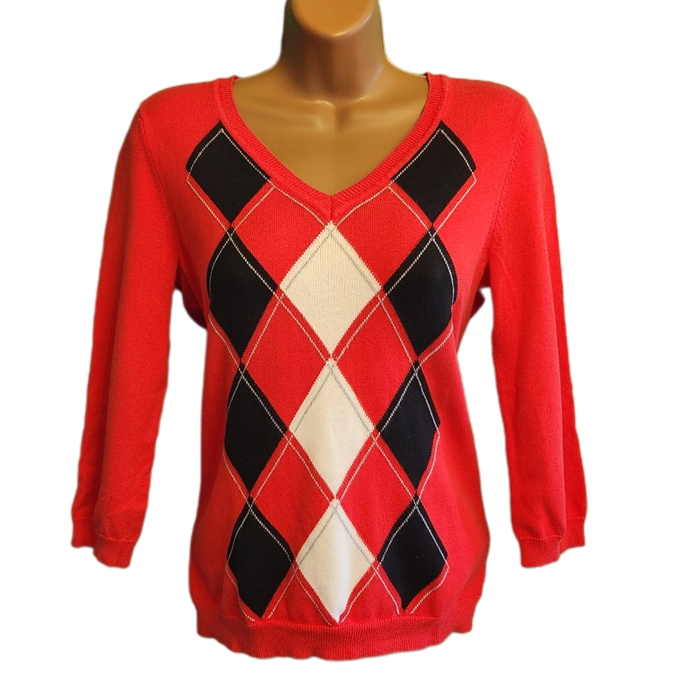 Liz Claiborne Red Argyle V-Neck Sweater (Medium)